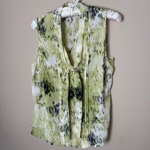 Ann Taylor Olive Green and White Tie-Neck Sleeveless Button-Down Blouse